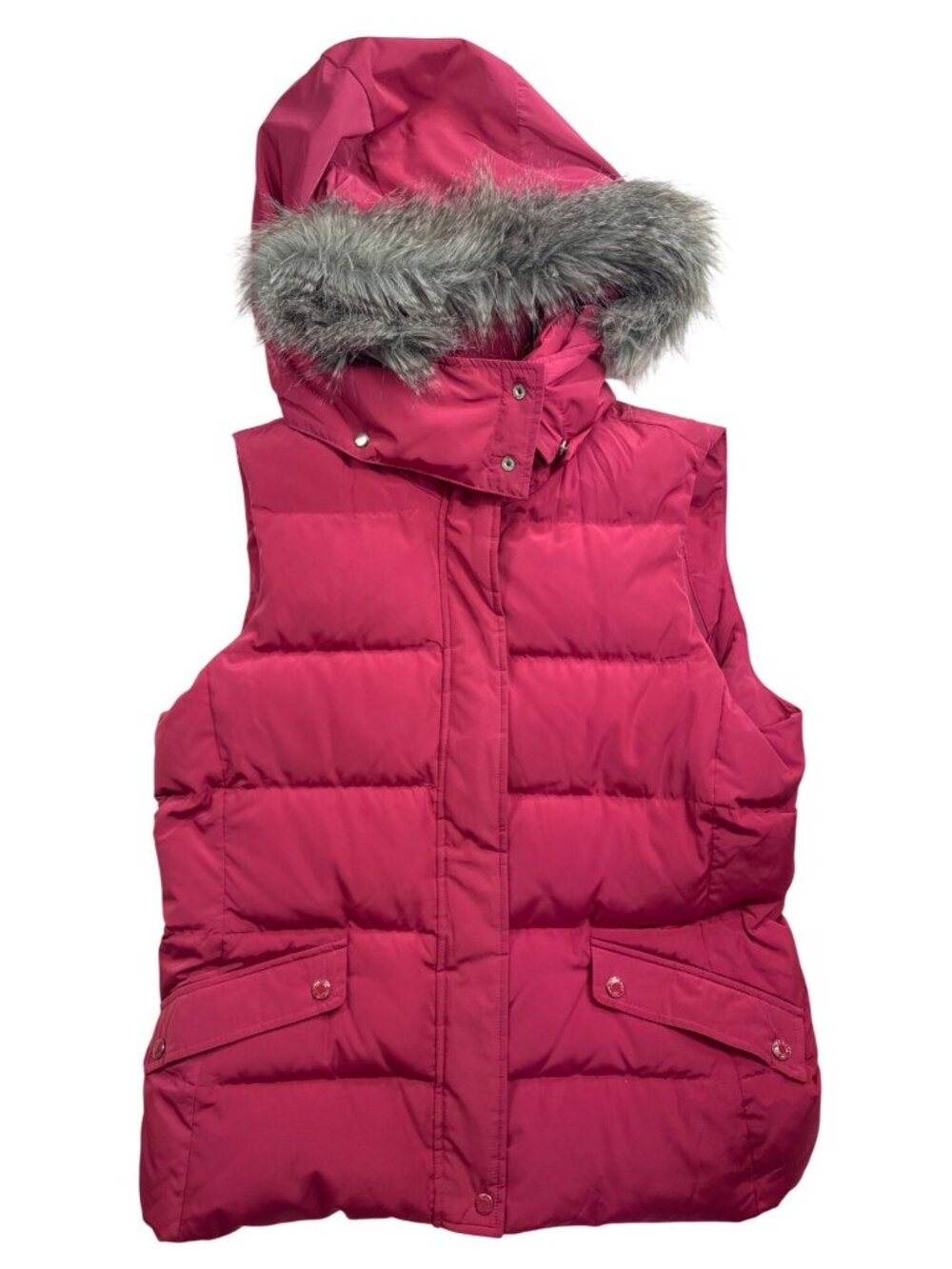 Talbots Down Puffer Vest Sz L Pink Faux Fur Hood Quilted Zip Jacket Outerwear